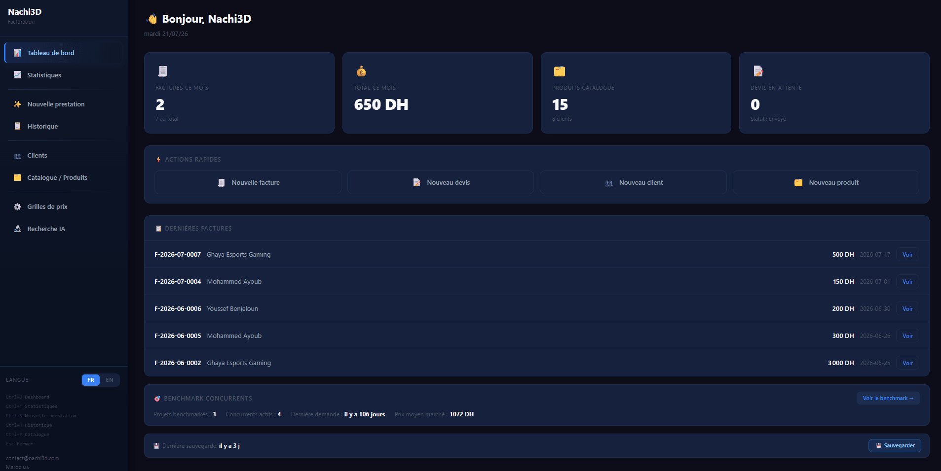 Nachi3D Invoice App — dashboard with monthly totals and recent invoices